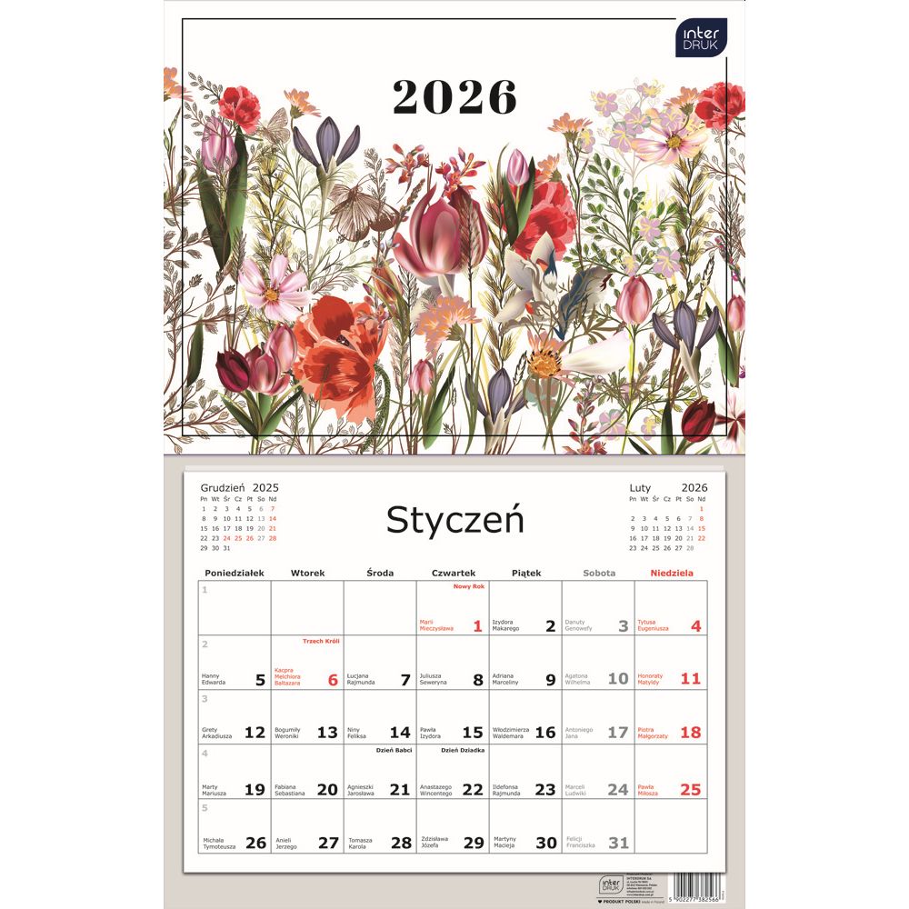 Kalendarz naścienny jednodzielny 32x50cm 2026 kwiaty Interdruk