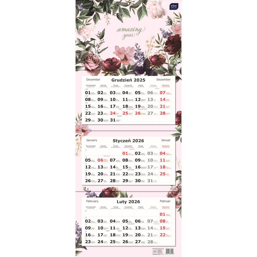 Kalendarz naścienny trójdzielny 34x83cm 2026 kwiaty Interdruk