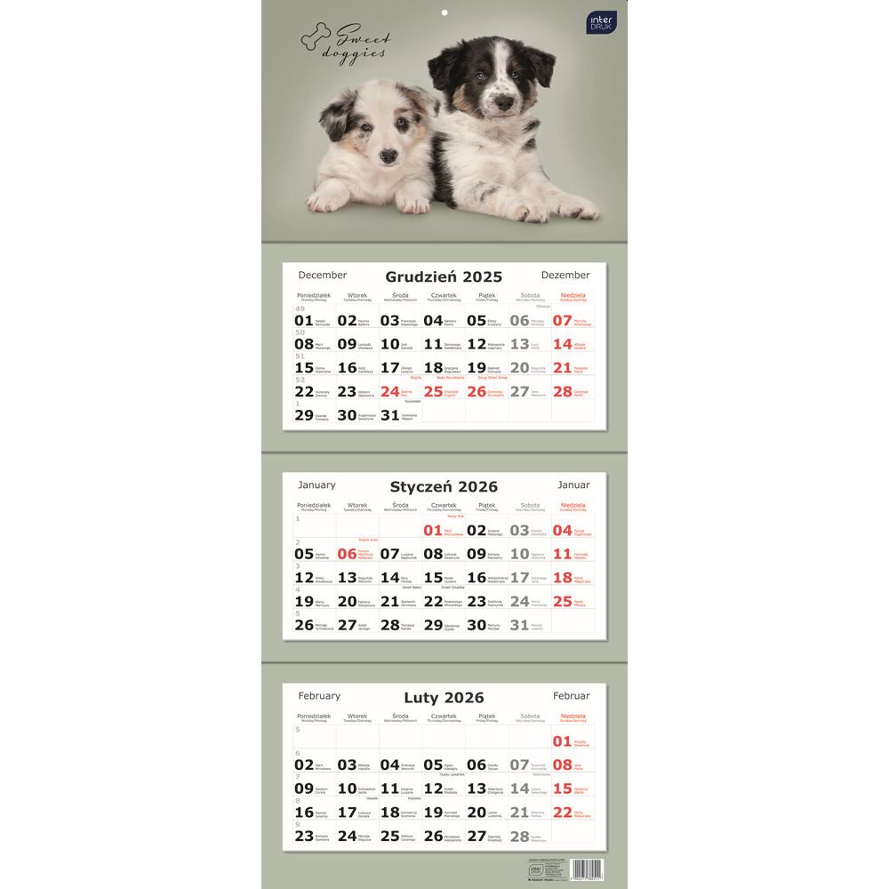 Kalendarz naścienny trójdzielny 34x83cm 2026 psy Interdruk