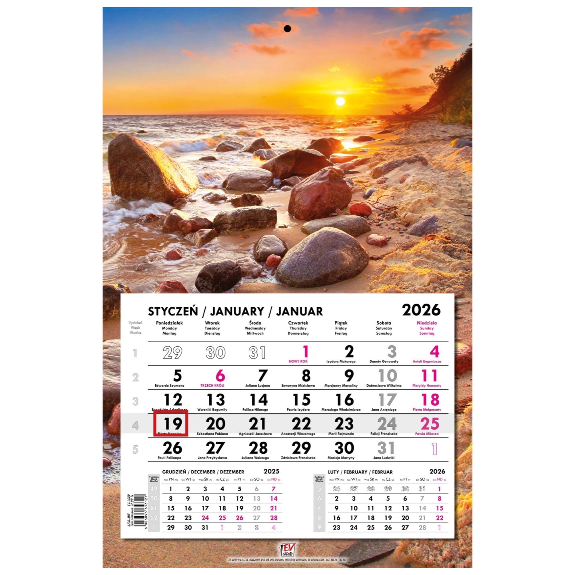 Kalendarz naścienny jednodzielny 31x48cm 2026 Bałtyk EV-Corp