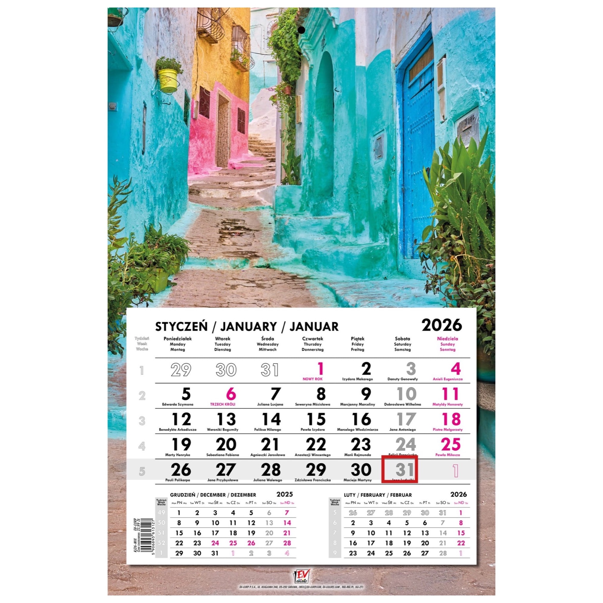 Kalendarz naścienny jednodzielny 31x48cm 2026 Maroko EV-Corp