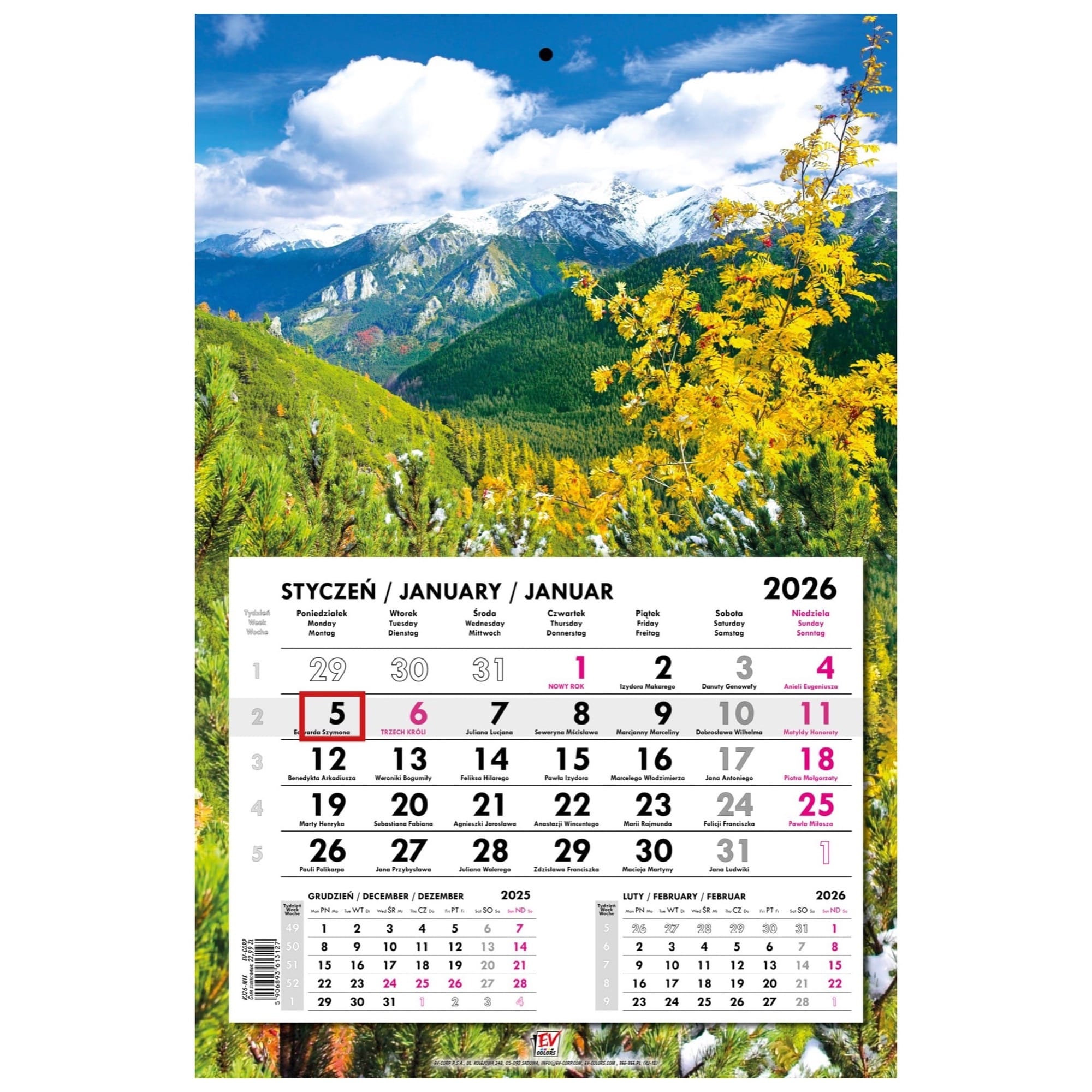 Kalendarz naścienny jednodzielny 31x48cm 2026 Tatry EV-Corp