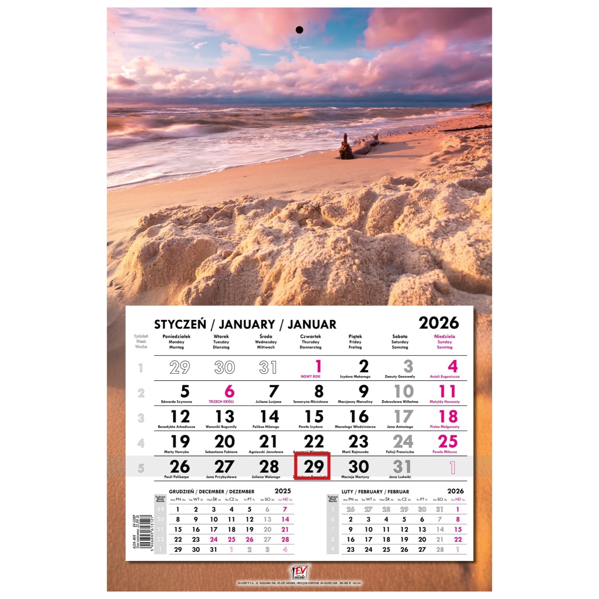 Kalendarz naścienny jednodzielny 31x48cm 2026 Bałtyk EV-Corp