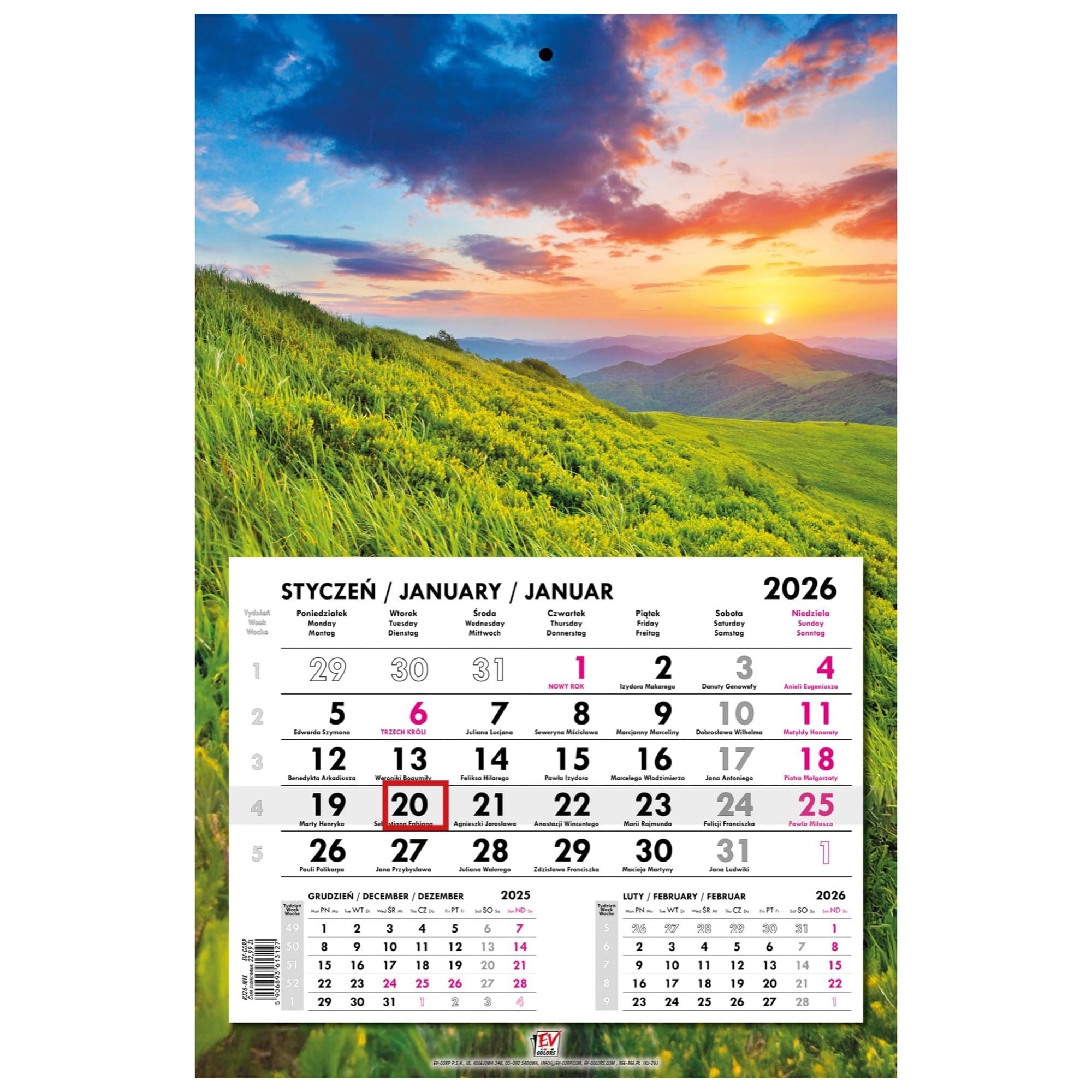 Kalendarz naścienny jednodzielny 31x48cm 2026 Bieszczady EV-Corp