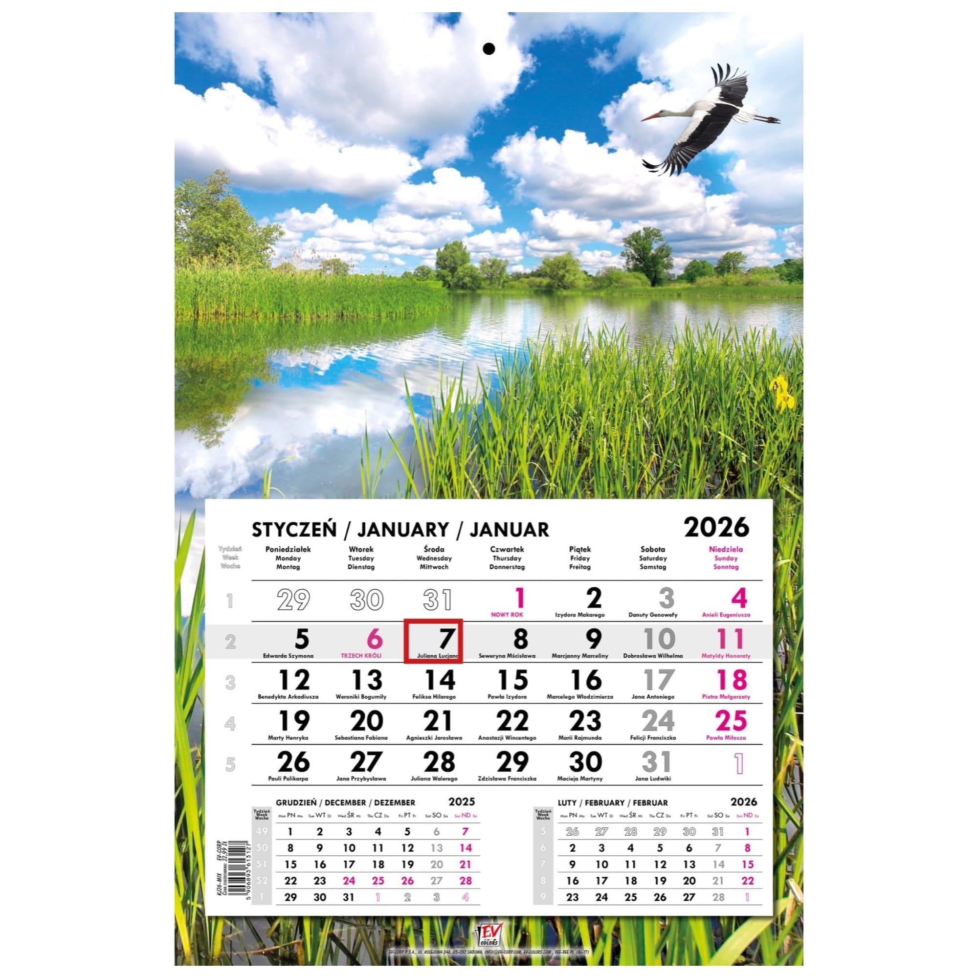 Kalendarz naścienny jednodzielny 31x48cm 2026 Mazury EV-Corp
