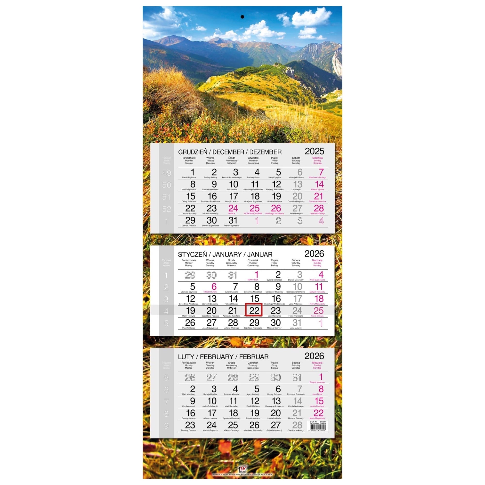 Kalendarz naścienny trójdzielny 34x80cm 2026 Tatry EV-Corp