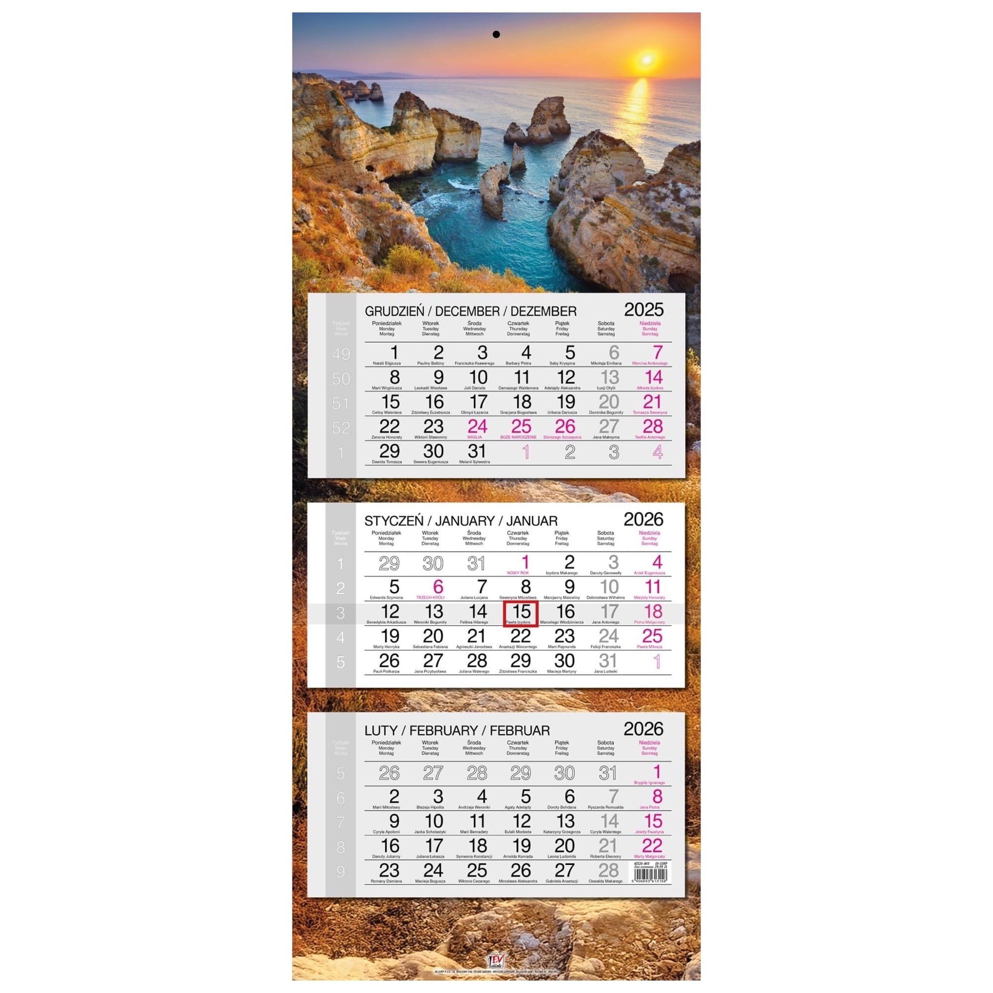 Kalendarz naścienny trójdzielny 34x80cm 2026 Algarve EV-Corp