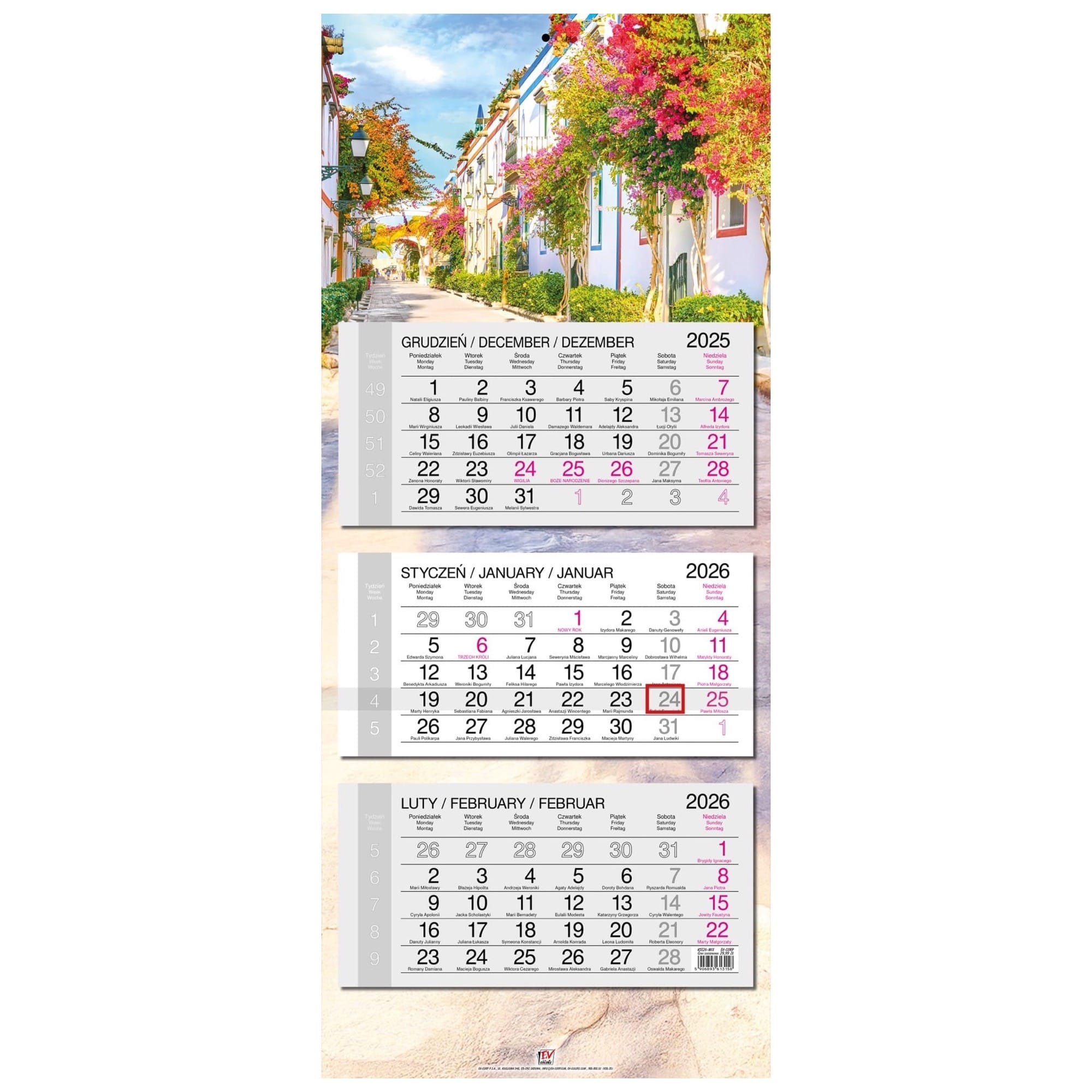 Kalendarz naścienny trójdzielny 34x80cm 2026 Kanary EV-Corp