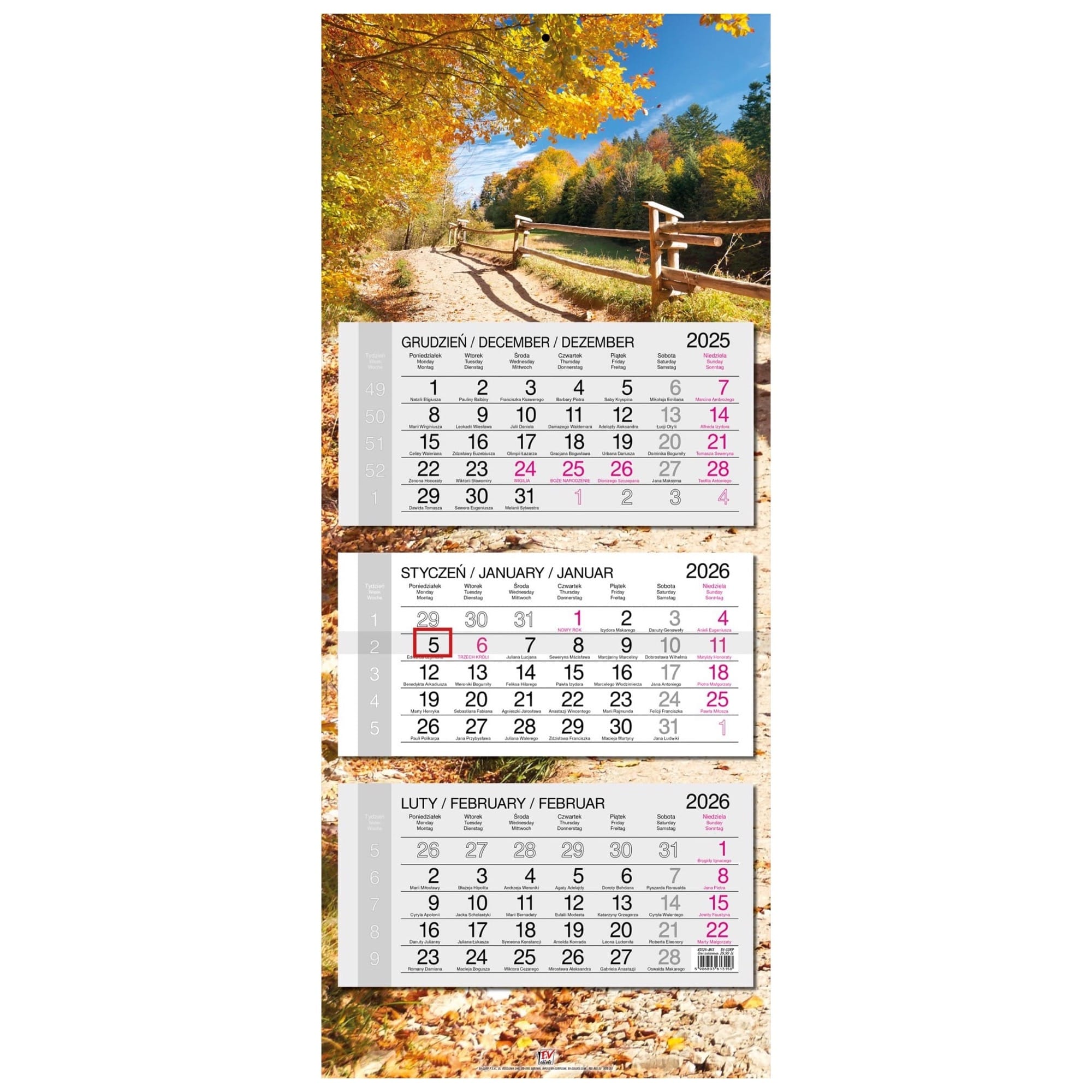 Kalendarz naścienny trójdzielny 34x80cm 2026 krajobrazy EV-Corp