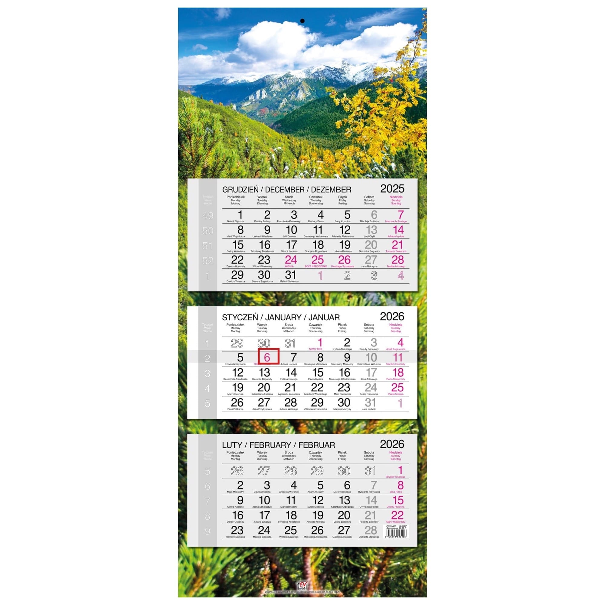 Kalendarz naścienny trójdzielny 34x80cm 2026 Tatry EV-Corp
