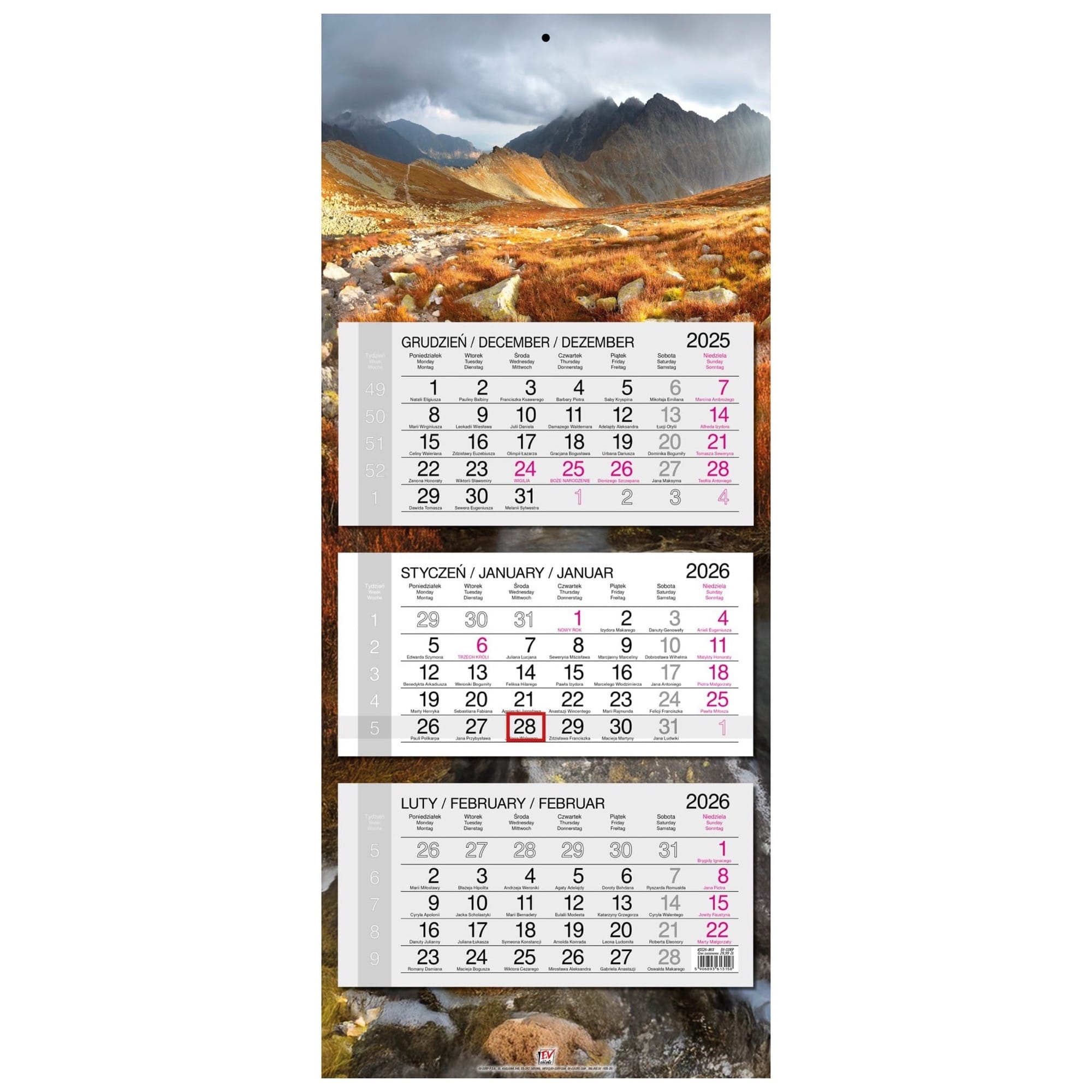 Kalendarz naścienny trójdzielny 34x80cm 2026 Tatry EV-Corp