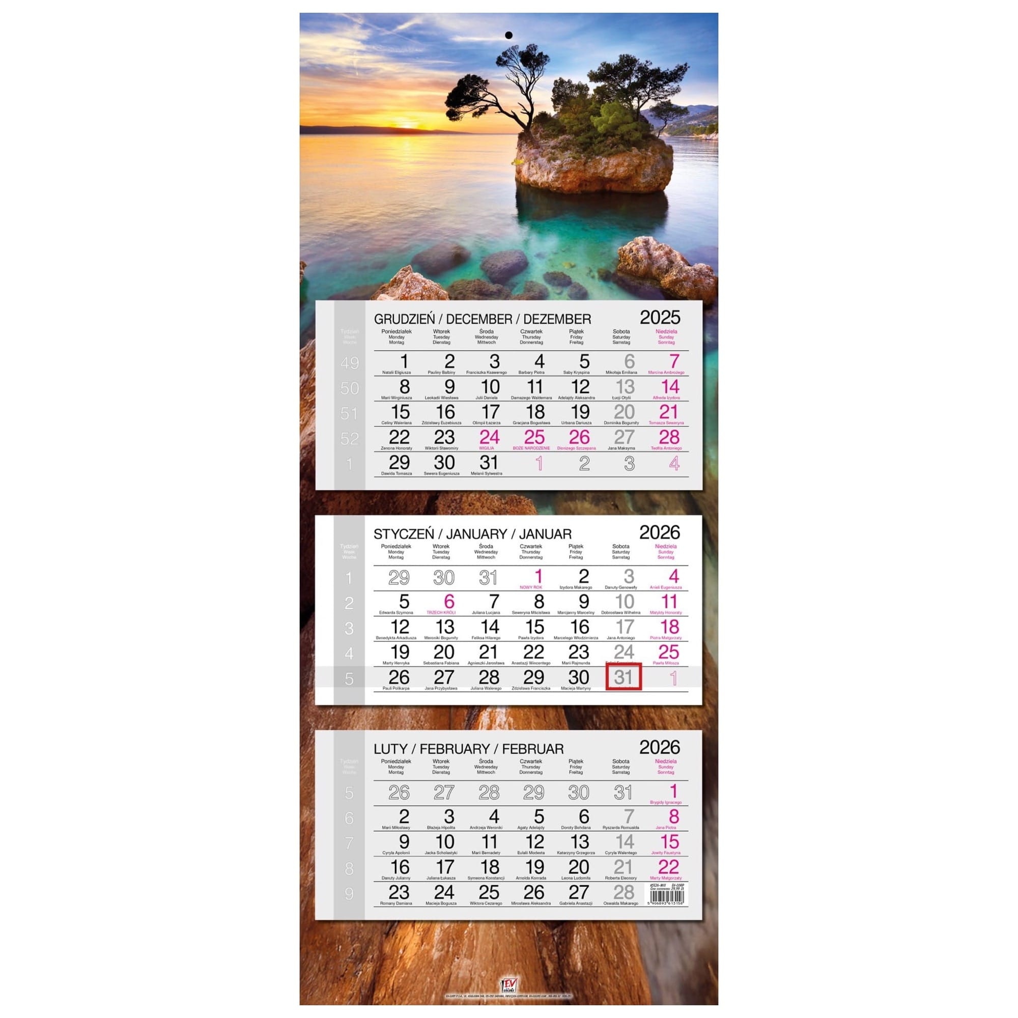 Kalendarz naścienny trójdzielny 34x80cm 2026 Chorwacja EV-Corp