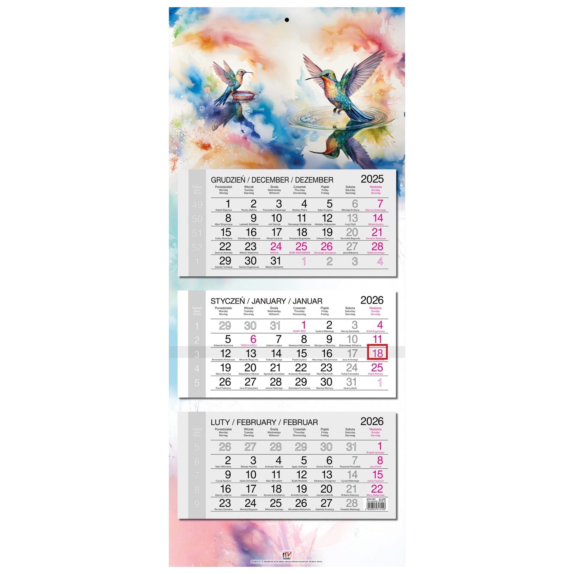 Kalendarz naścienny trójdzielny 34x80cm 2026 koliber EV-Corp