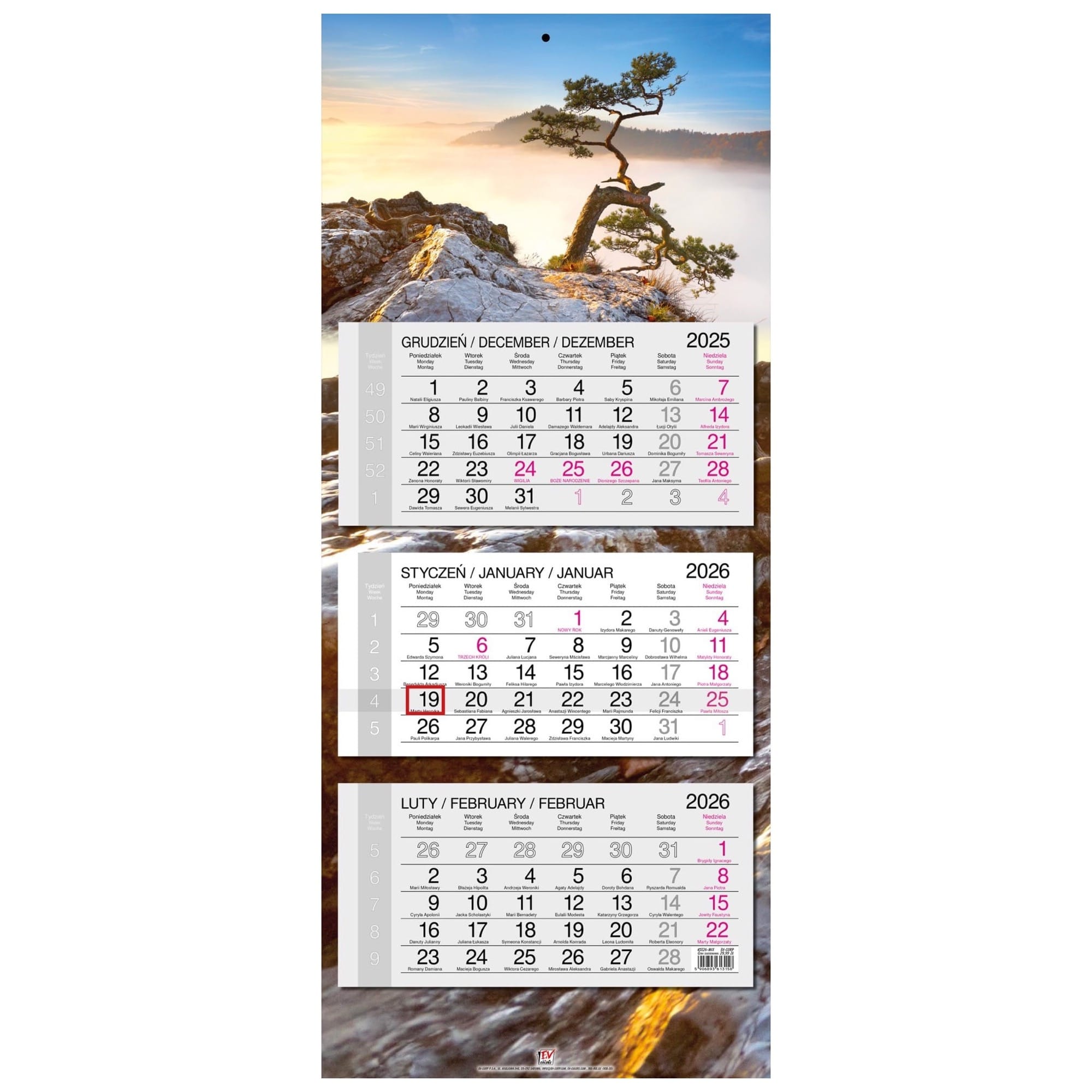 Kalendarz naścienny trójdzielny 34x80cm 2026 Pieniny EV-Corp