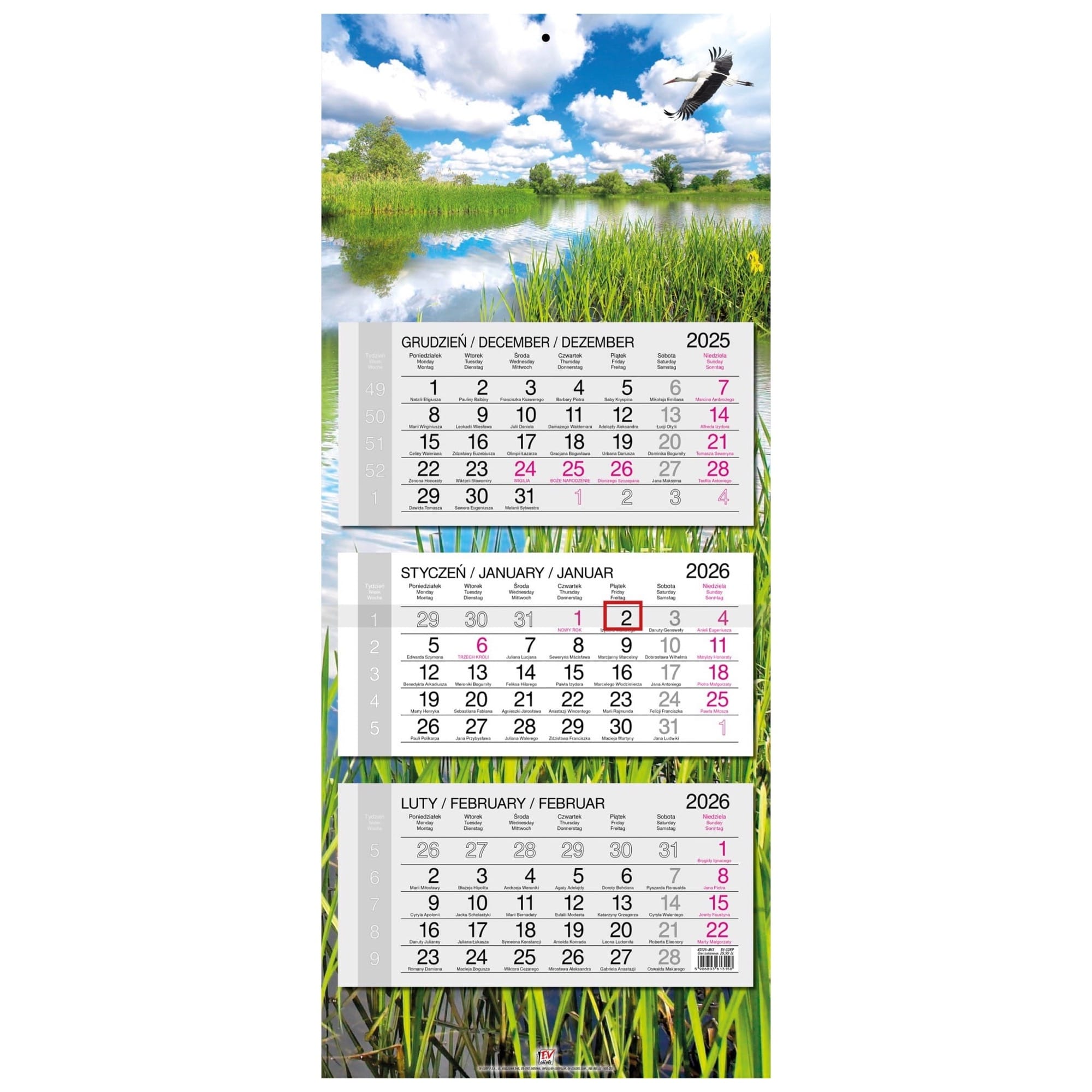 Kalendarz naścienny trójdzielny 34x80cm 2026 Mazury EV-Corp