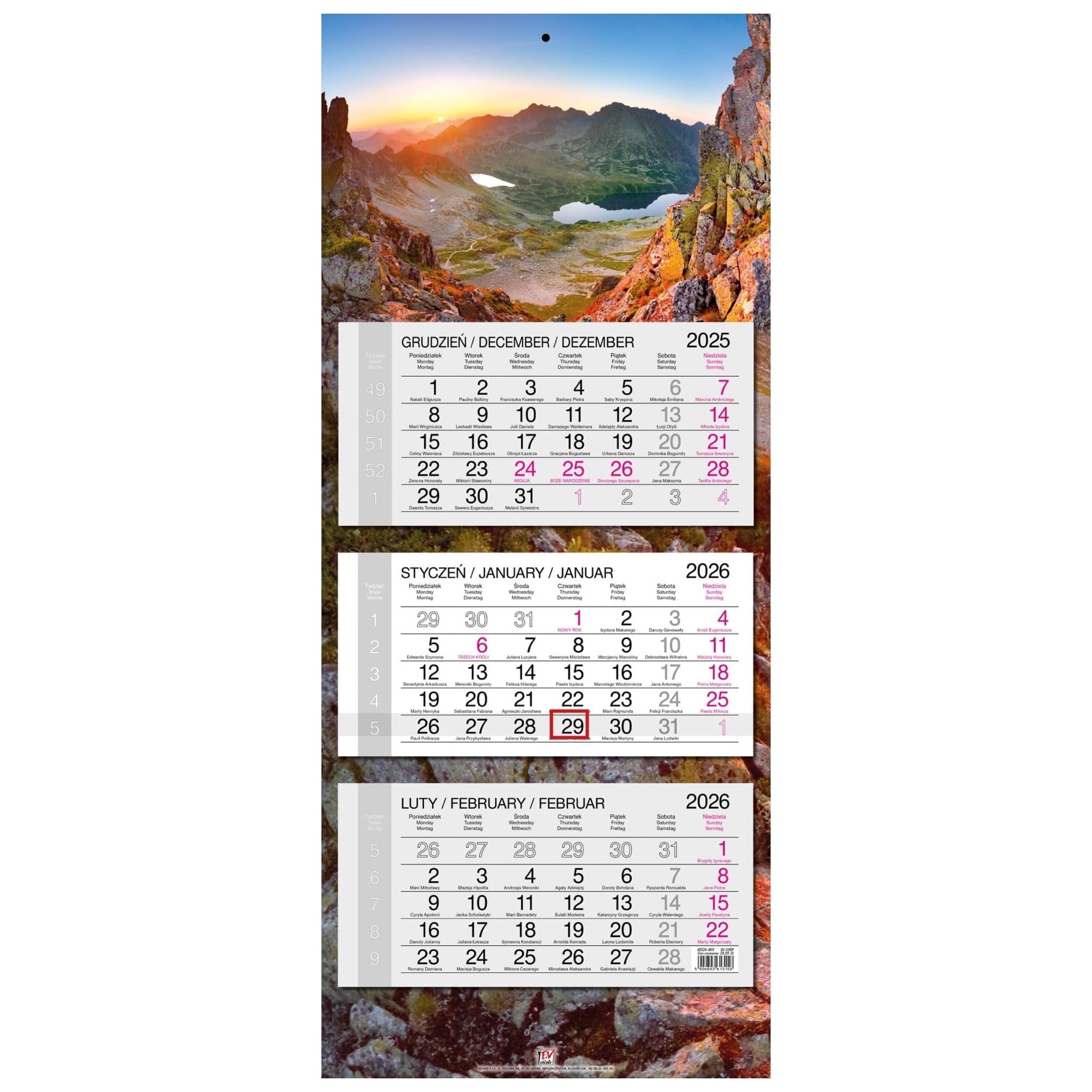 Kalendarz naścienny trójdzielny 34x80cm 2026 Tatry EV-Corp