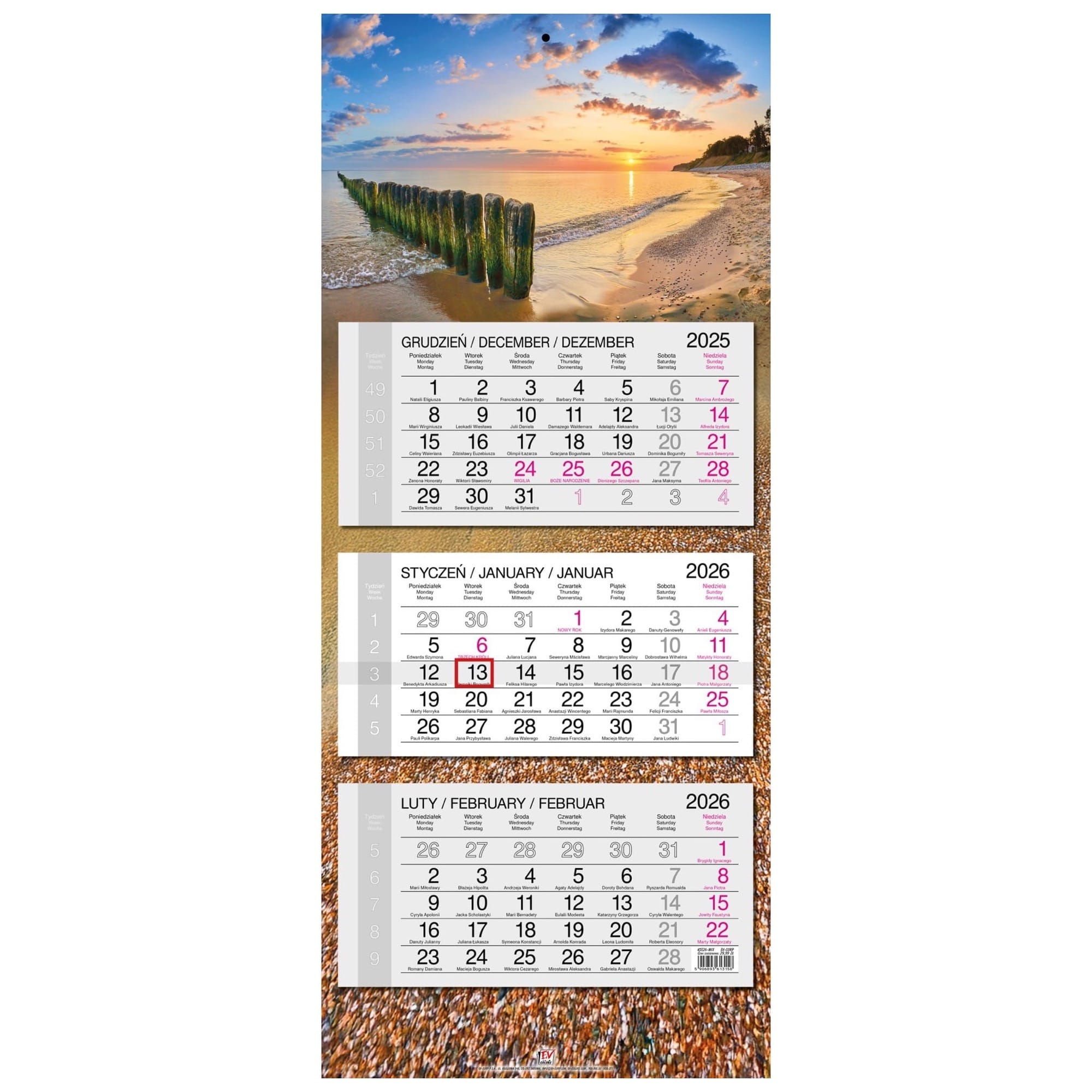 Kalendarz naścienny trójdzielny 34x80cm 2026 Bałtyk EV-Corp