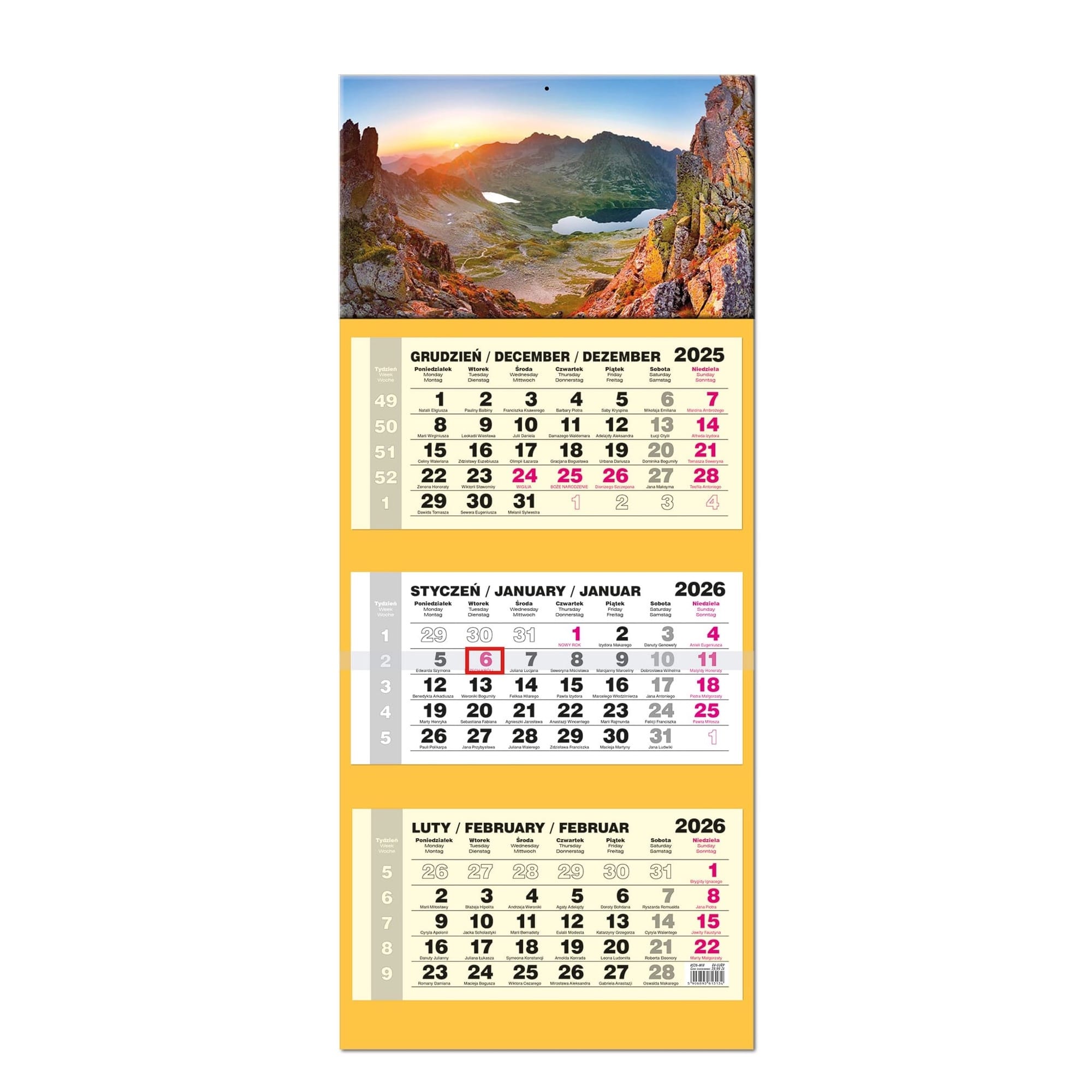 Kalendarz naścienny trójdzielny 34x77cm 2026 Lux Tatry EV-Corp