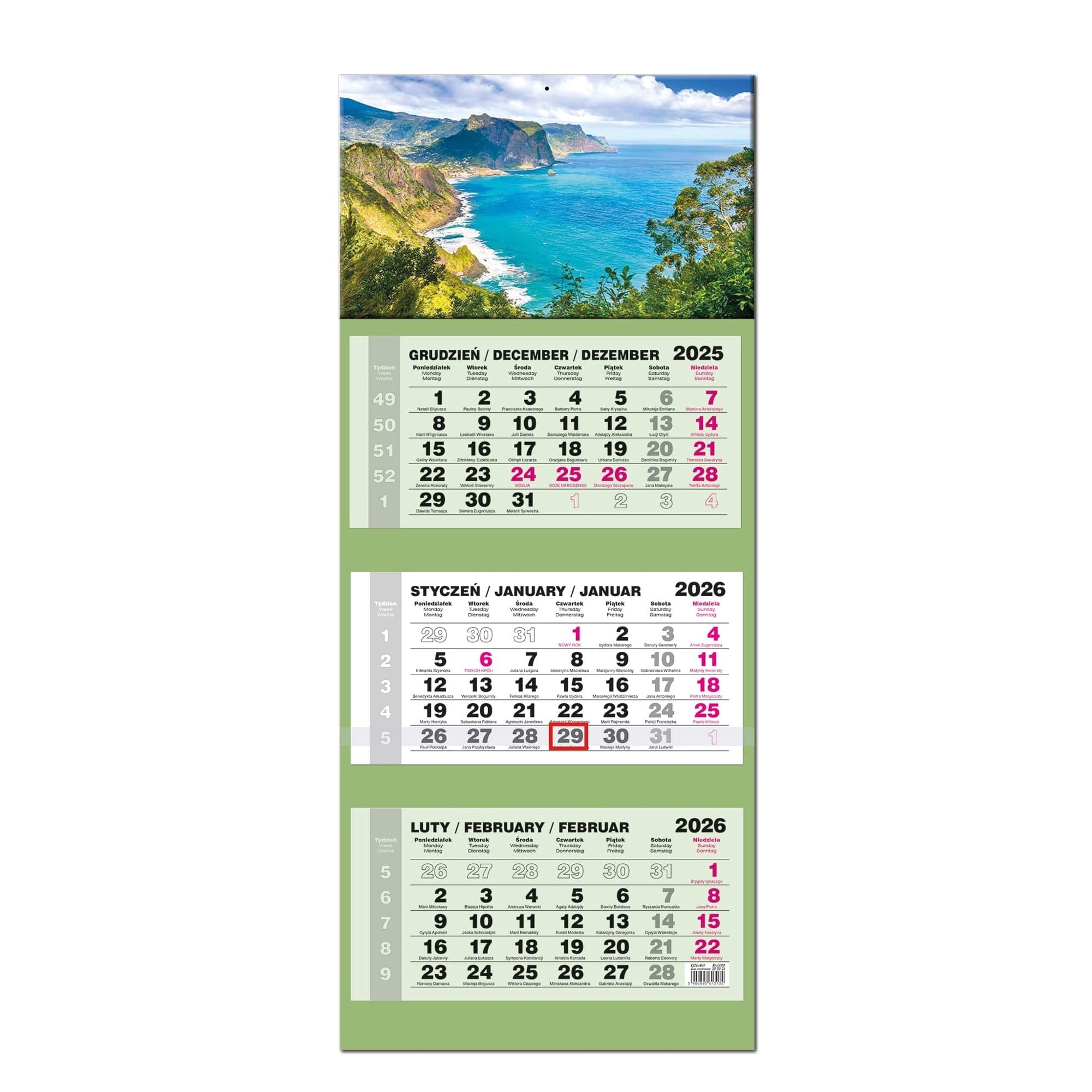 Kalendarz naścienny trójdzielny 34x77cm 2026 Lux Madera EV-Corp