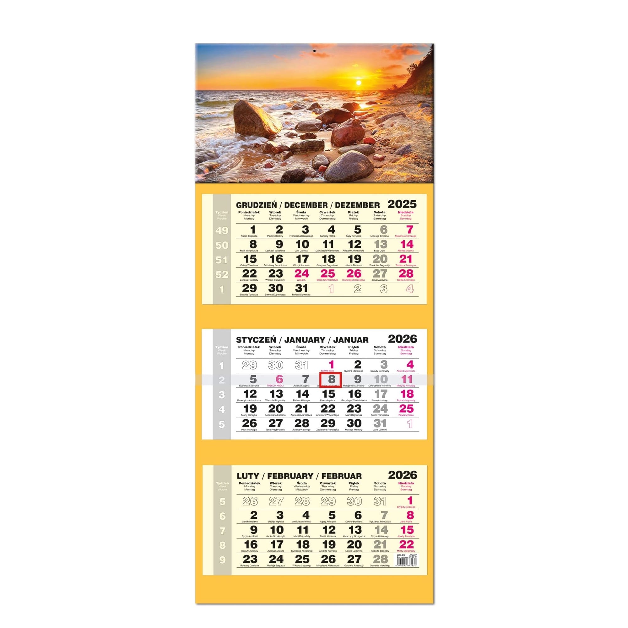 Kalendarz naścienny trójdzielny 34x77cm 2026 Lux Bałtyk EV-Corp