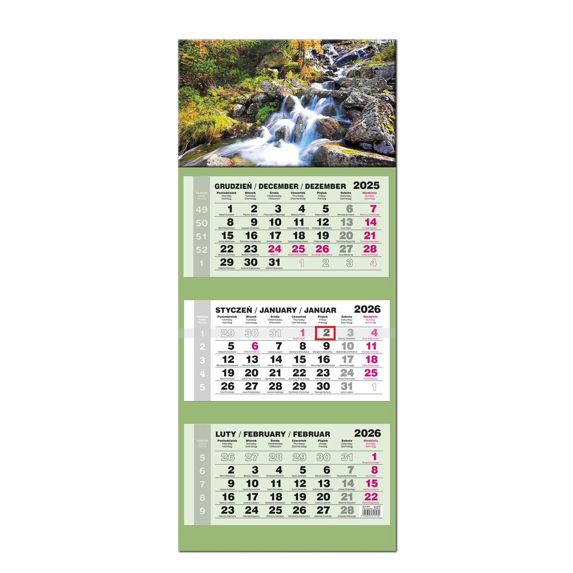 Kalendarz naścienny trójdzielny 34x77cm 2026 Lux woda EV-Corp