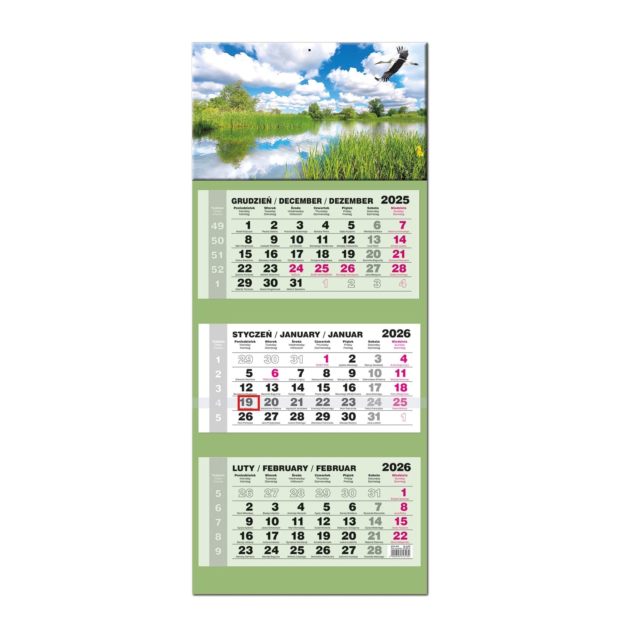 Kalendarz naścienny trójdzielny 34x77cm 2026 Lux Mazury EV-Corp
