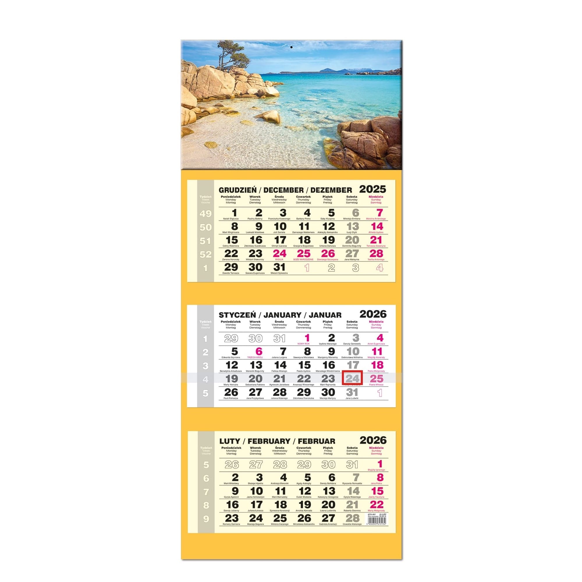 Kalendarz naścienny trójdzielny 34x77cm 2026 Lux Sardynia EV-Corp