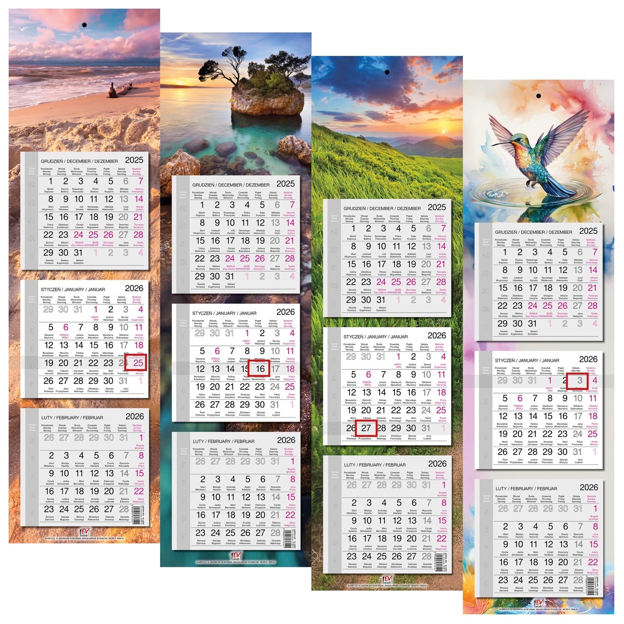 Kalendarz naścienny trójdzielny 20x69cm 2026 mix wzory EV-Corp