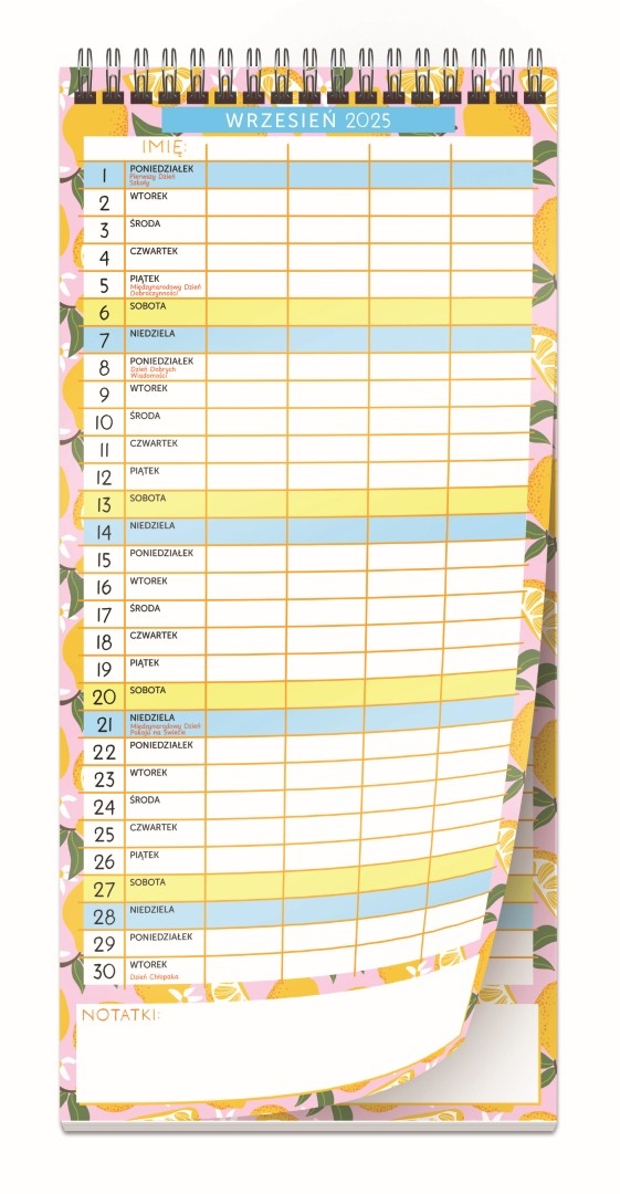 Kalendarz naścienny szkolny notatnikowy wieloplanszowy 20x42cm 2025/2026 Kalpolbis
