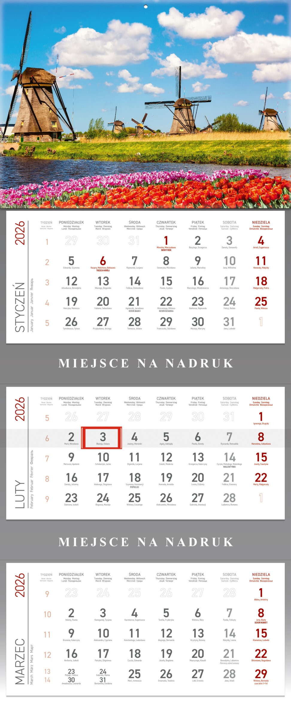 Kalendarz ścienny trójdzielny 30x85cm 2026 Wokół Nas