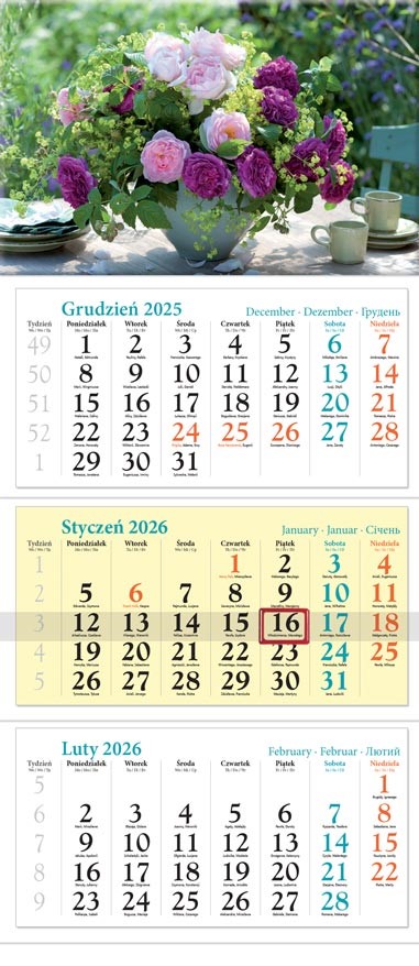 Kalendarz naścienny trójdzielny 32x86cm 2026 kwiaty Lucrum