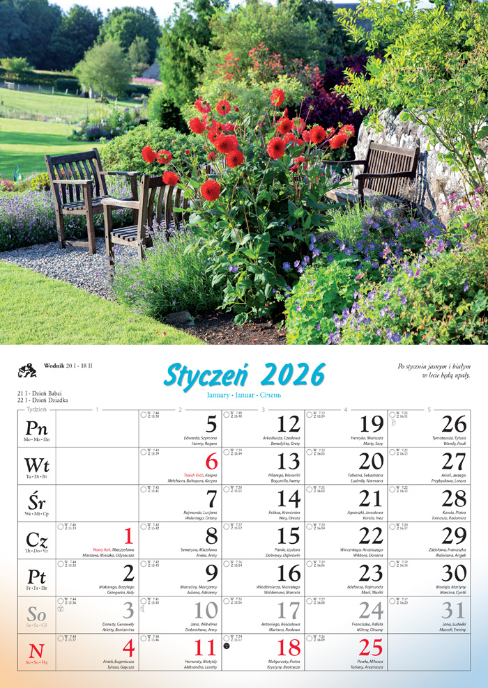 Kalendarz naścienny rodzinny 28x40cm 2026 ogrody Lucrum