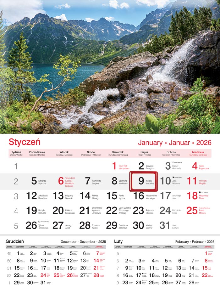 Kalendarz naścienny jednodzielny 20x32cm 2026 jezioro Lucrum