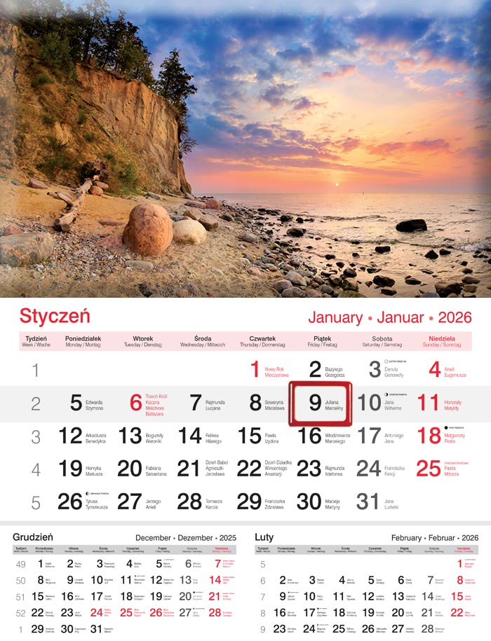 Kalendarz naścienny jednodzielny 20x32cm 2026 plaża Lucrum