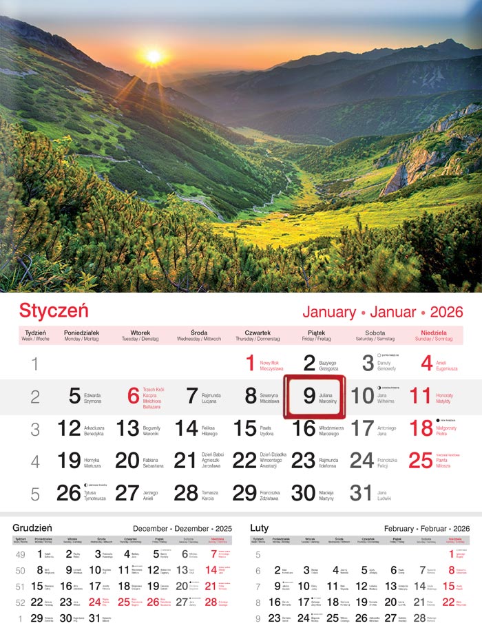 Kalendarz naścienny jednodzielny 20x32cm 2026 góry Lucrum
