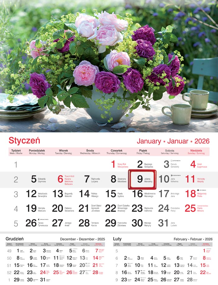 Kalendarz naścienny jednodzielny 20x32cm 2026 bukiet Lucrum