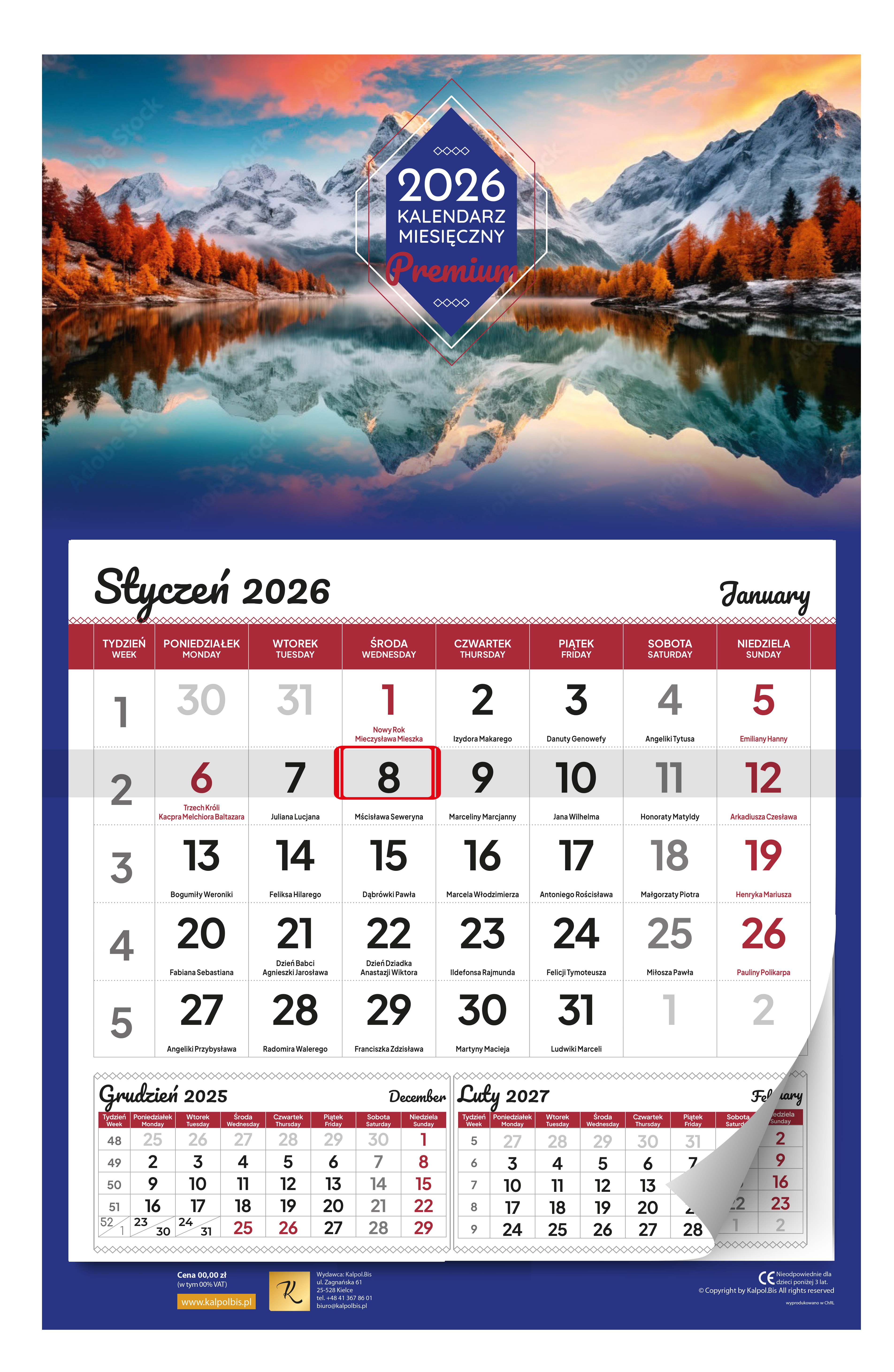 Kalendarz naścienny jednodzielny 31x53cm 2026 Premium góry Kalpolbis