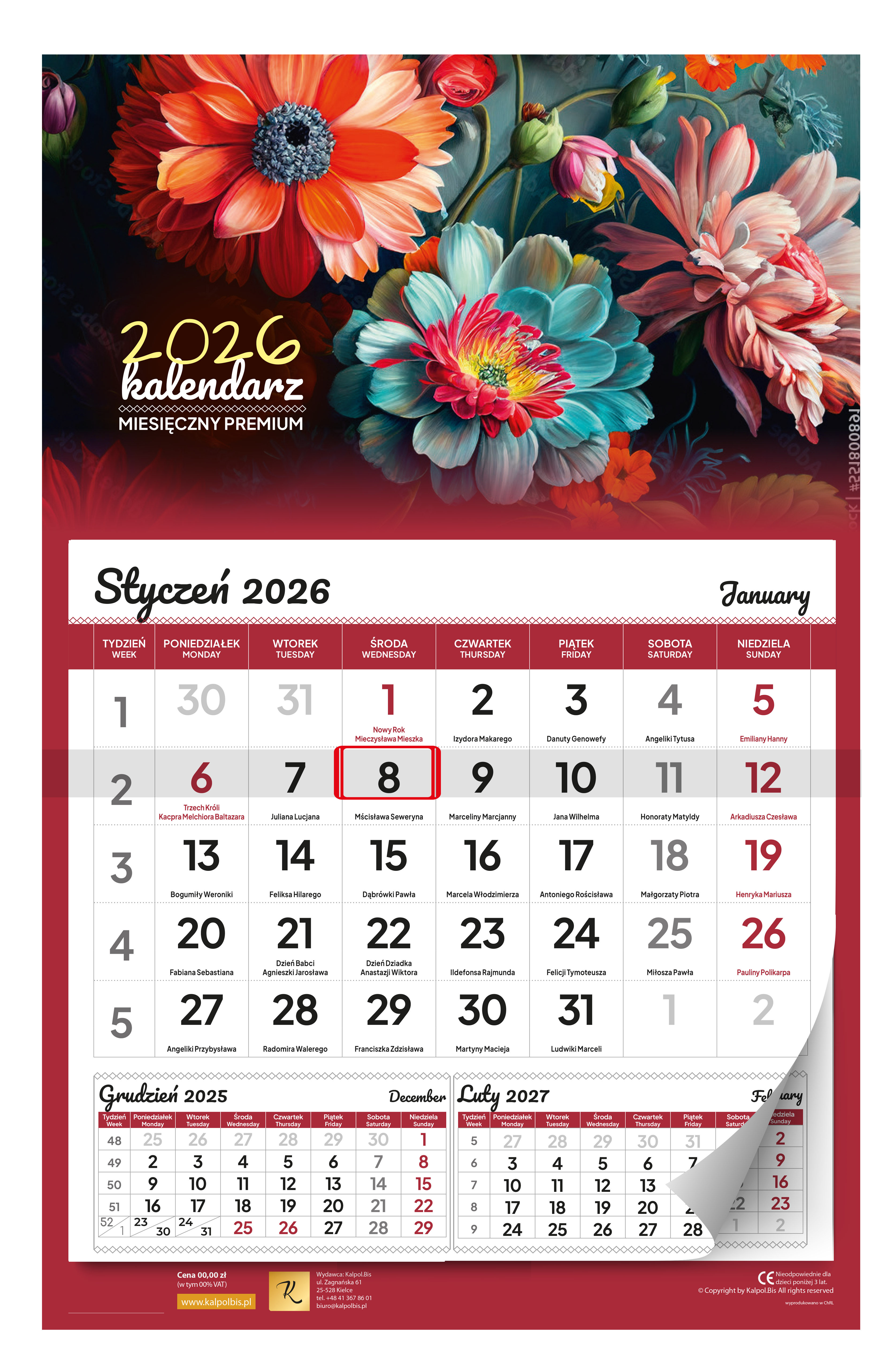 Kalendarz naścienny jednodzielny 31x53cm 2026 Premium kwiaty Kalpolbis