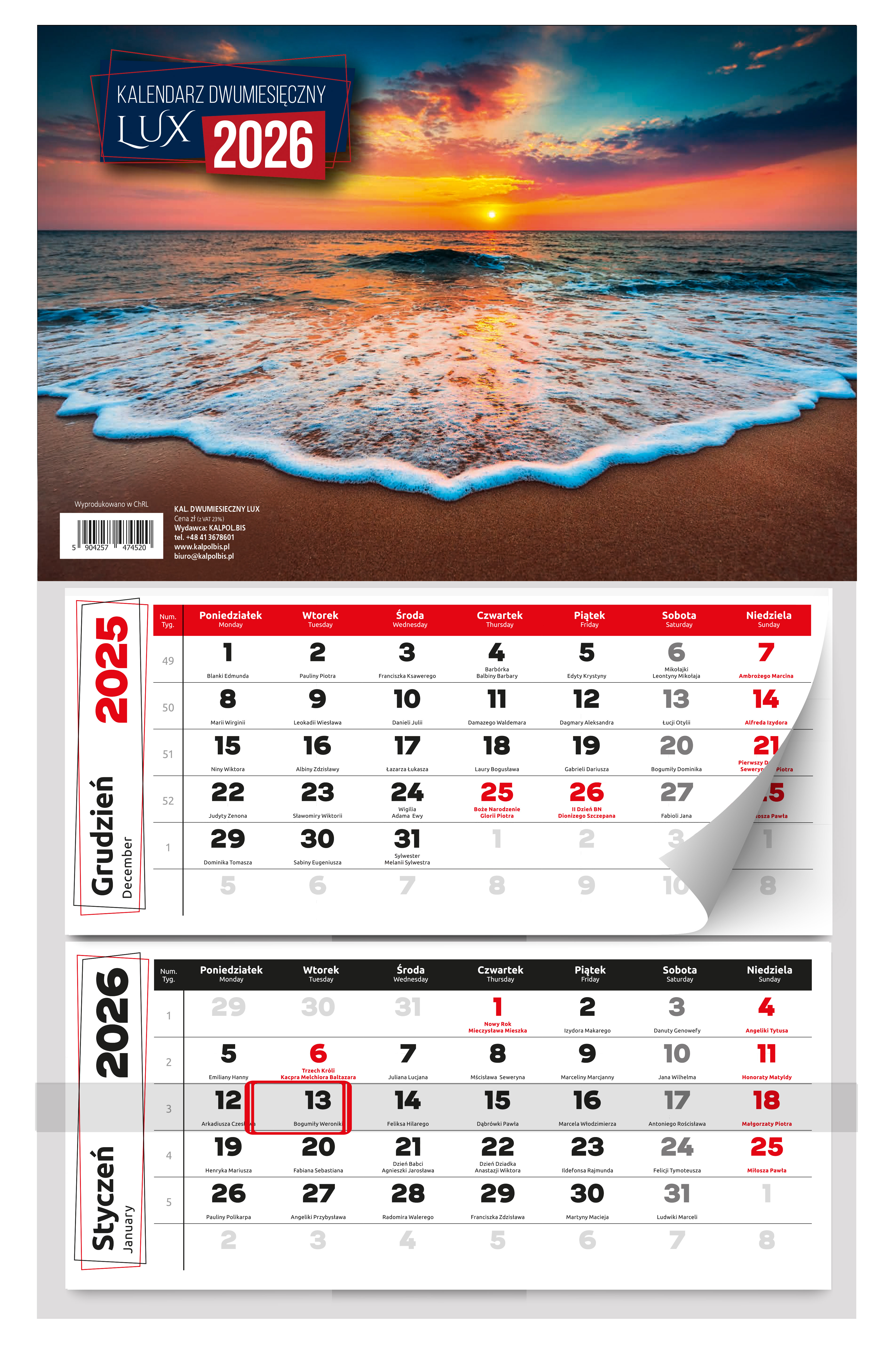 Kalendarz naścienny dwudzielny 31x53cm 2026 Lux plaża Kalpolbis