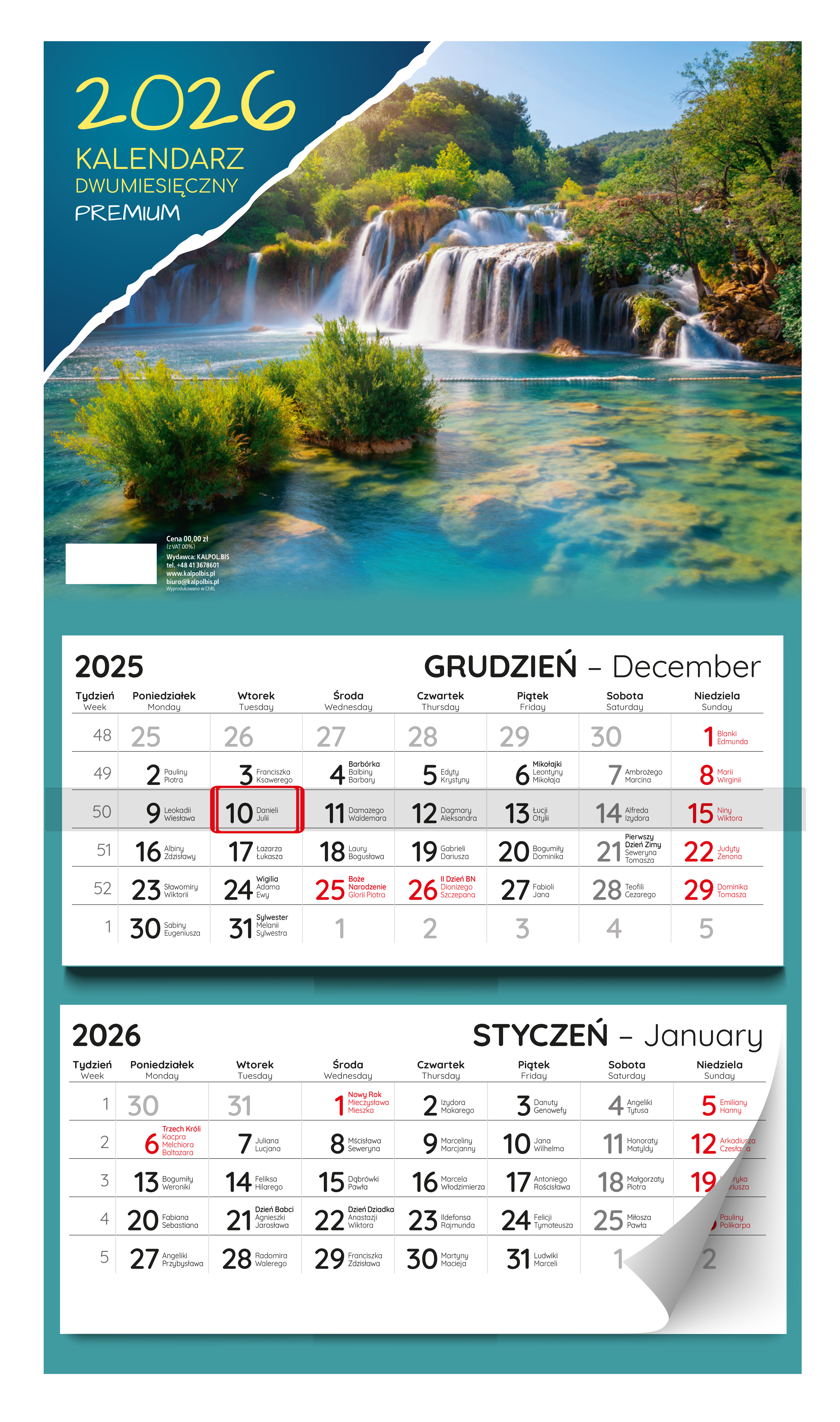 Kalendarz naścienny dwudzielny 31x53cm 2026 premium wodospad Kalpolbis