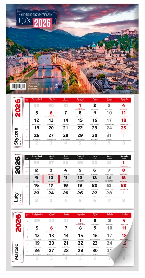 Kalendarz naścienny trójdzielny 30x65cm 2026 Lux miasto Kalpolbis
