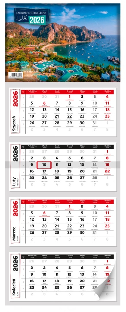 Kalendarz naścienny czterodzielny 30x80cm 2026 Lux zatoka Kalpolbis
