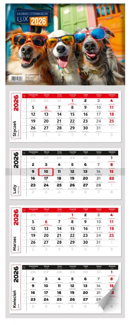 Kalendarz naścienny czterodzielny 30x80cm 2026 Lux psy Kalpolbis