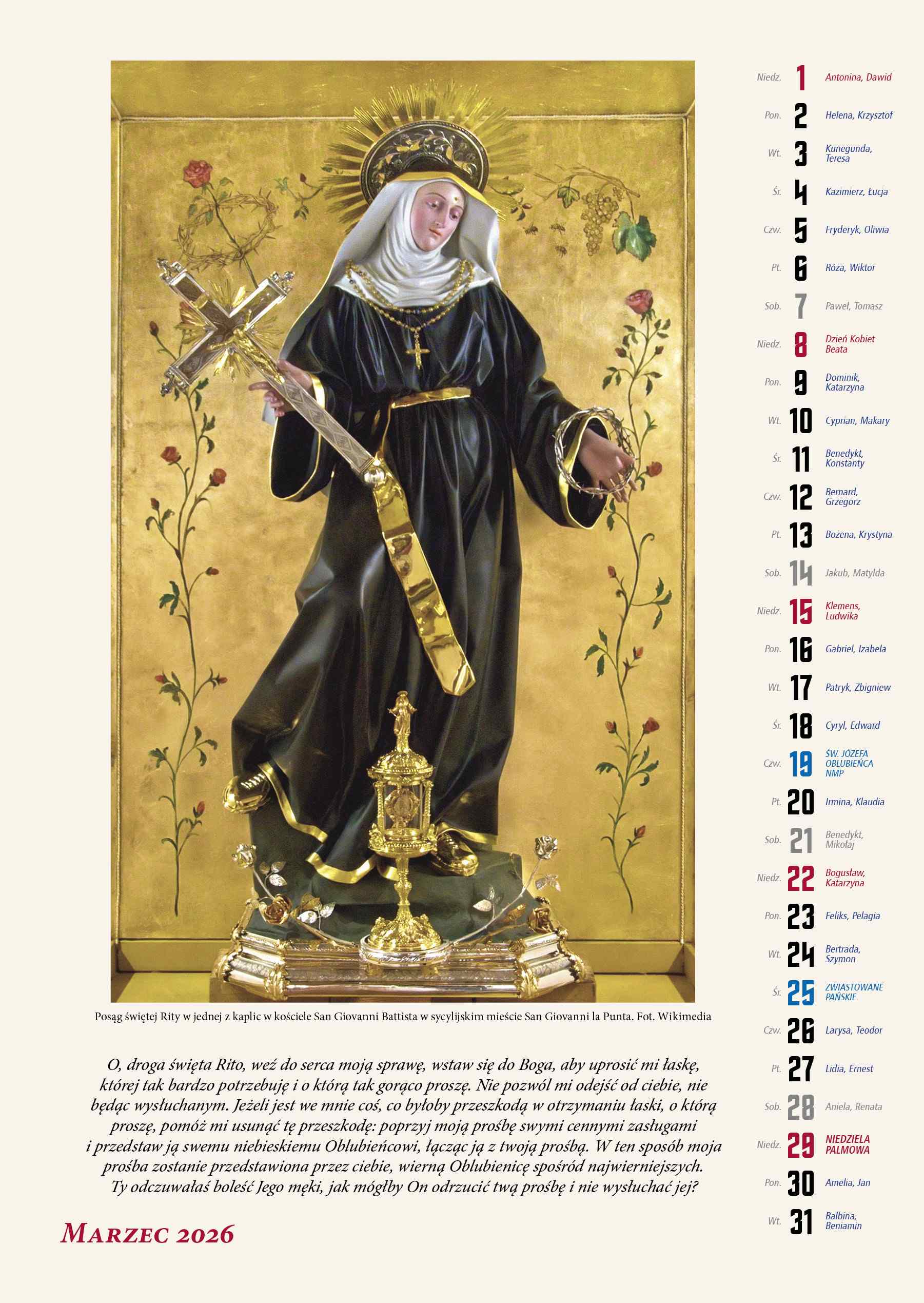 Kalendarz naścienny wieloplanszowy A3 2026 Św. Rita Biały Kruk