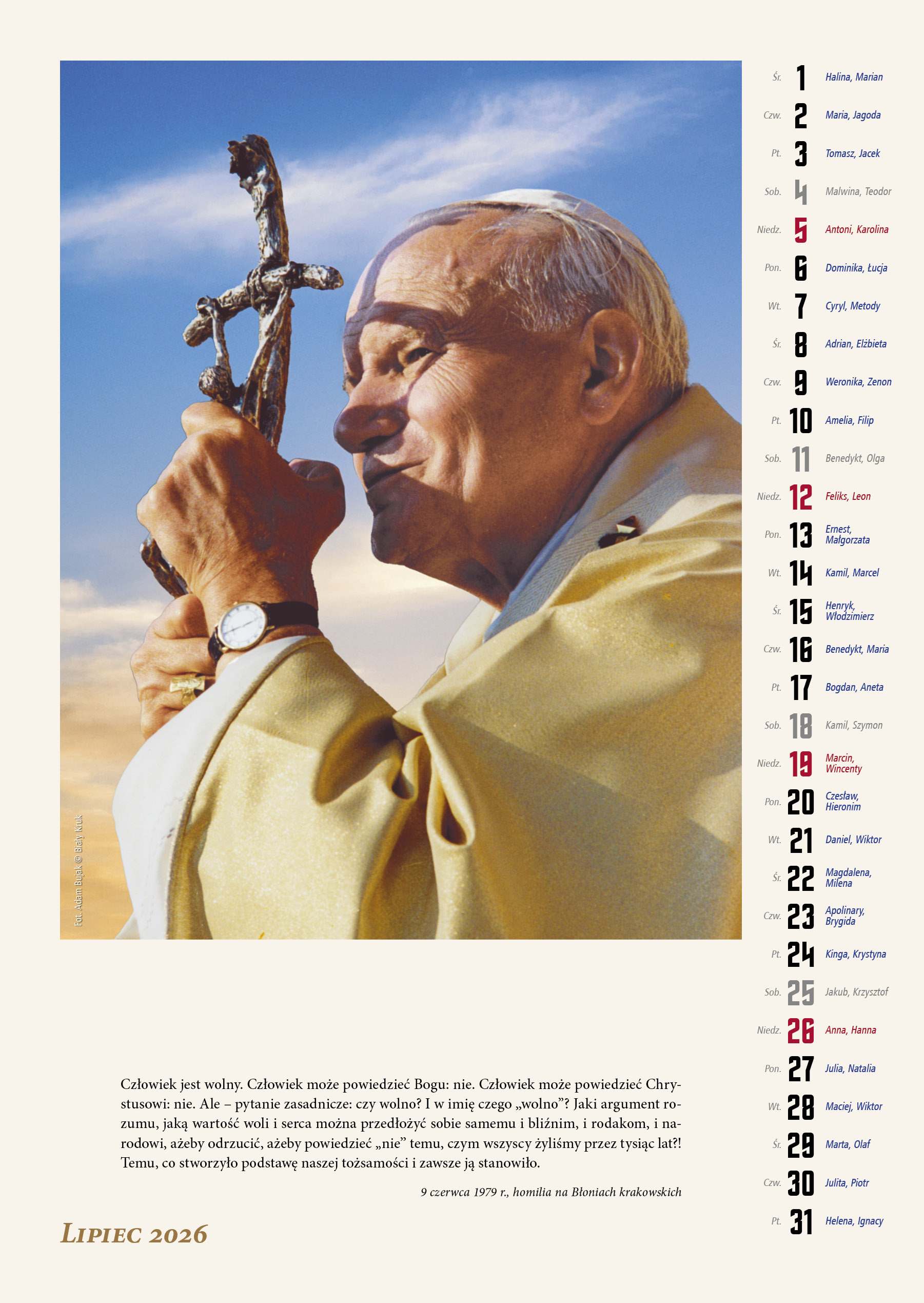 Kalendarz naścienny wieloplanszowy A3 2026 św. Jan Paweł II Biały Kruk