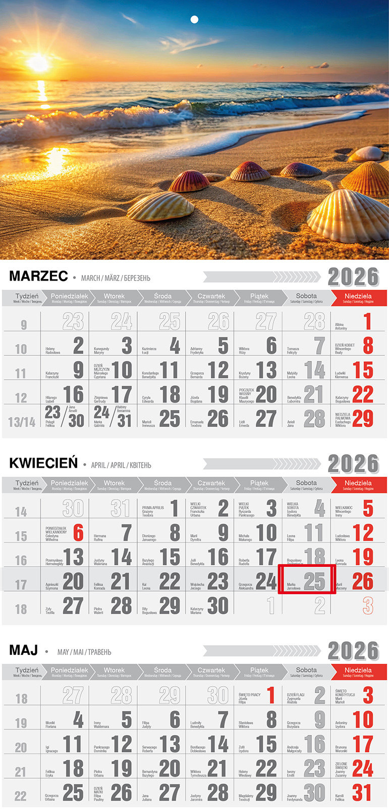 Kalendarz naścienny trójdzielny 30x62cm 2026 plaża Pan Kalendarzyk