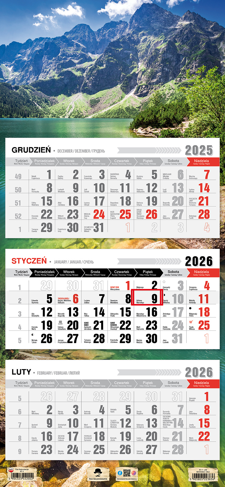 Kalendarz naścienny trójdzielny 32x68cm 2026 Morskie Oko Pan Kalendarzyk
