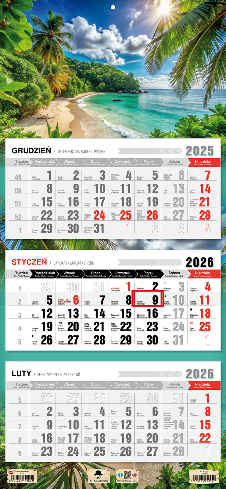 Kalendarz naścienny trójdzielny 32x68cm 2026 tropik Pan Kalendarzyk