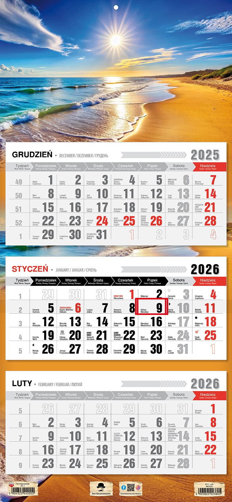 Kalendarz naścienny trójdzielny 32x68cm 2026 morze Pan Kalendarzyk