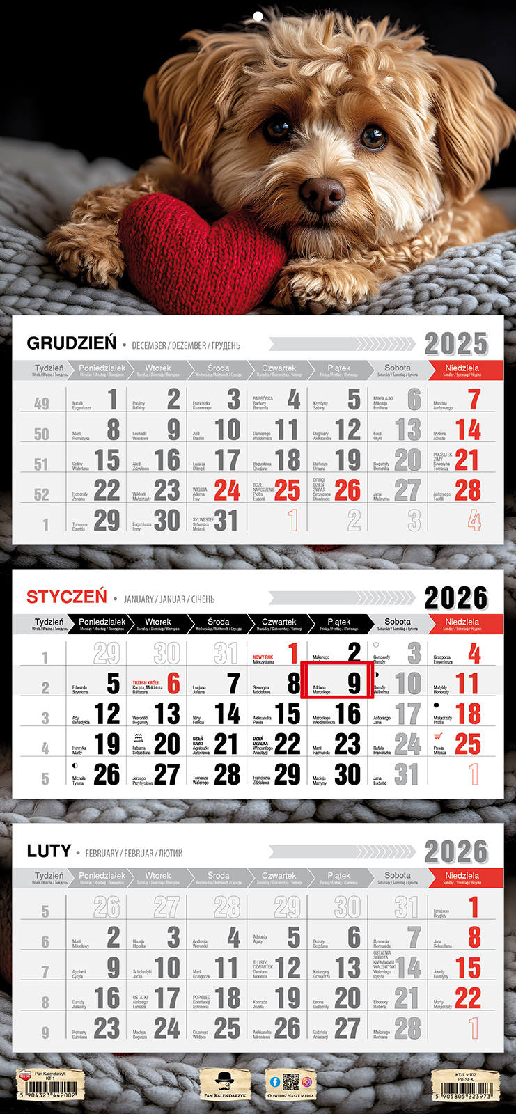 Kalendarz naścienny trójdzielny 32x68cm 2026 pies Pan Kalendarzyk